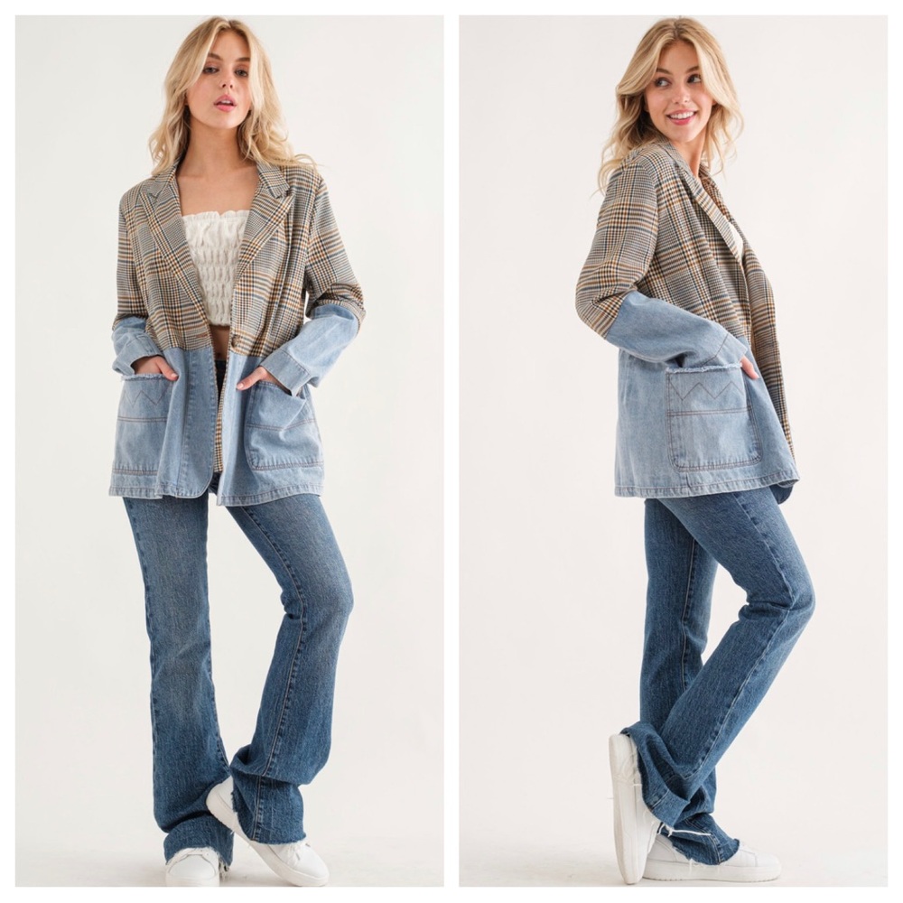 26 Fabulous Plaid and Denim Contrast Single Button Jacket - Picture 5 of 6